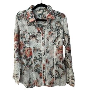 Magazine Women’s Long Sleeve Floral Lace Detailed Button Up Blouse Sz L GUC